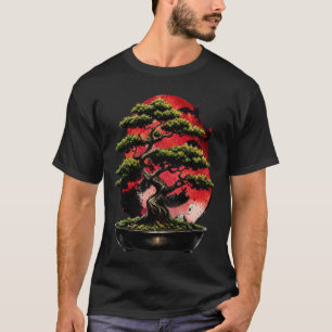 Japanischer Bonsai-Baum mit rotem Mond T-Shirt