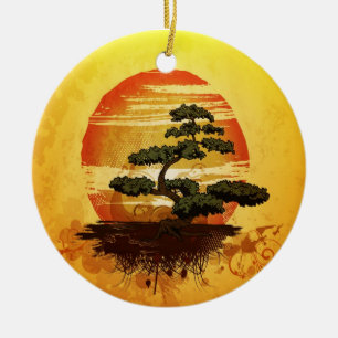 Japanischer Bonsais-Baum-Sonnenuntergang Keramikornament