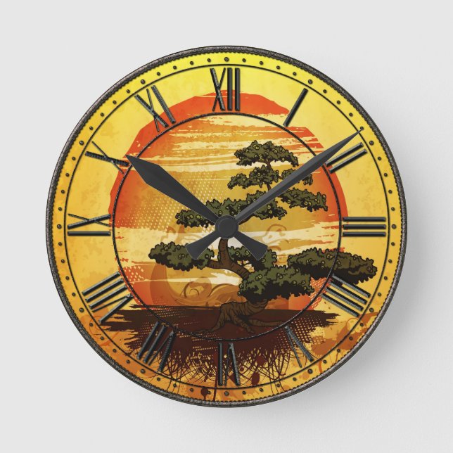 Japanischer Bonsais-Baum-Sonnenuntergang Runde Wanduhr (Vorderseite)