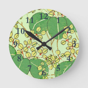 Japanischer botanischer grüner Blatt-Holzschnitt Runde Wanduhr