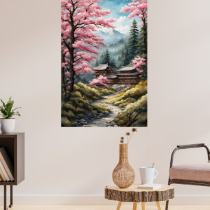 Japanischer Cherry Blossom Bergwald Wasserfarbe Poster