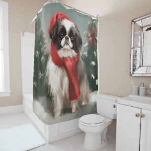 Japanischer Chin Dog in Schnee Weihnachten Duschvorhang