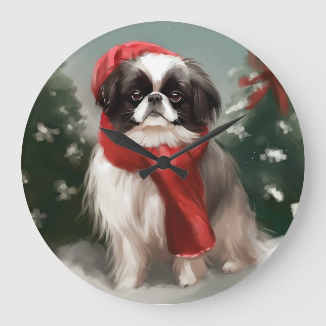 Japanischer Chin Dog in Schnee Weihnachten Große Wanduhr (Vorderseite)