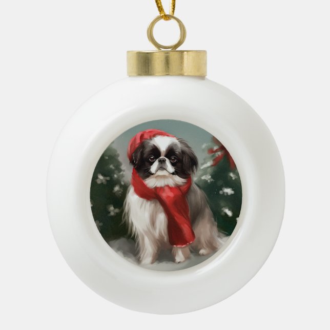 Japanischer Chin Dog in Schnee Weihnachten Keramik Kugel-Ornament (Vorderseite)