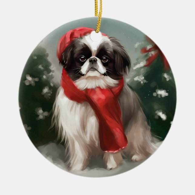 Japanischer Chin Dog in Schnee Weihnachten Keramik Ornament (Vorne)