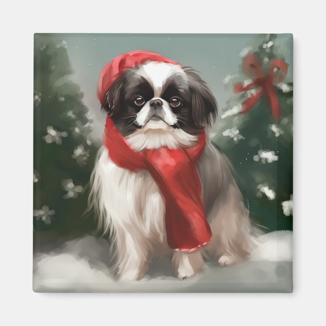 Japanischer Chin Dog in Schnee Weihnachten Magnet (Vorne)