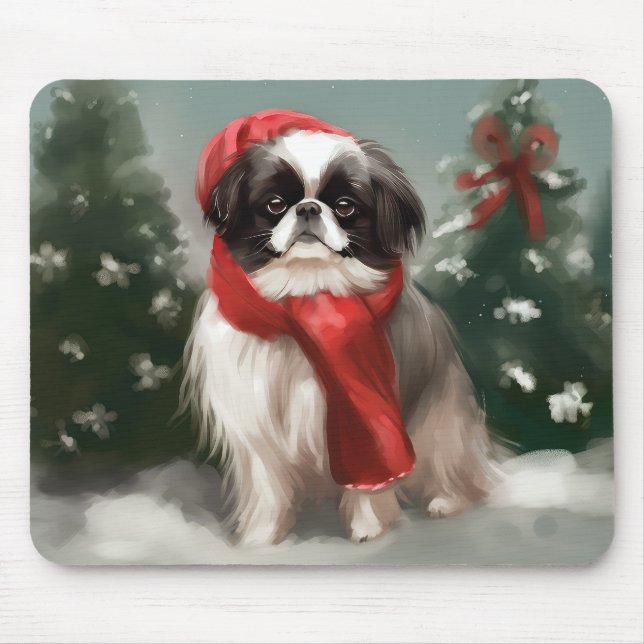 Japanischer Chin Dog in Schnee Weihnachten Mousepad (Vorne)