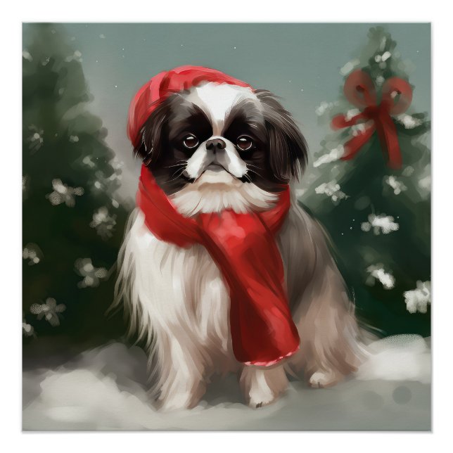 Japanischer Chin Dog in Schnee Weihnachten Poster (Vorderseite)