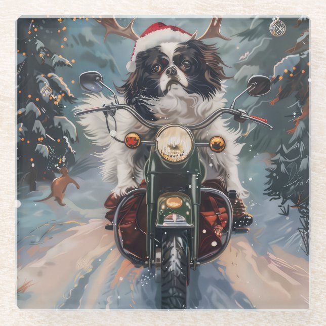 Japanischer Chin Dog Riding Motorrad Weihnachten Glasuntersetzer (Vorderseite)