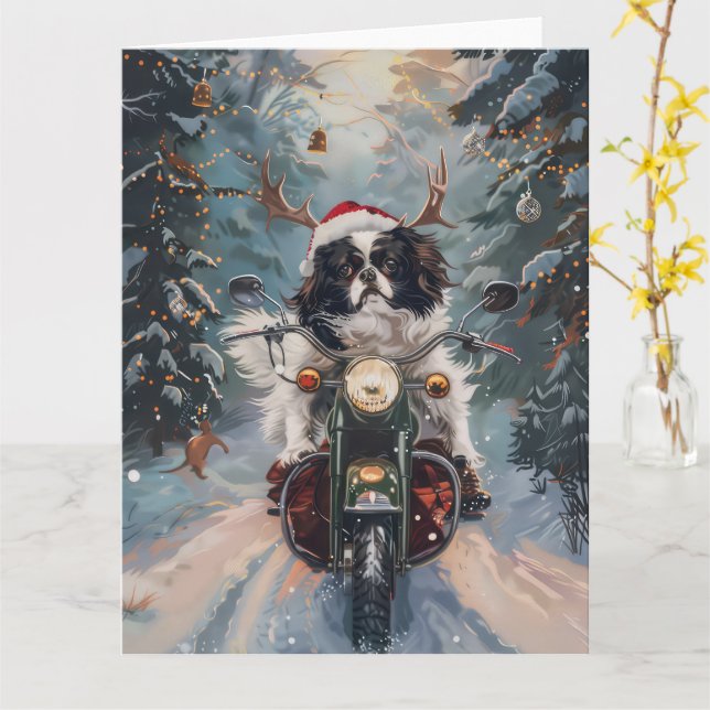 Japanischer Chin Dog Riding Motorrad Weihnachten Karte (Gelbe Blume)