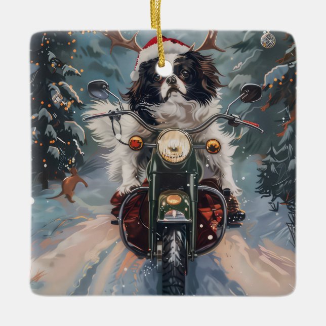 Japanischer Chin Dog Riding Motorrad Weihnachten Keramikornament (Vorderseite)