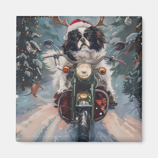 Japanischer Chin Dog Riding Motorrad Weihnachten Magnet (Vorne)