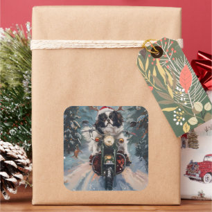 Japanischer Chin Dog Riding Motorrad Weihnachten Quadratischer Aufkleber