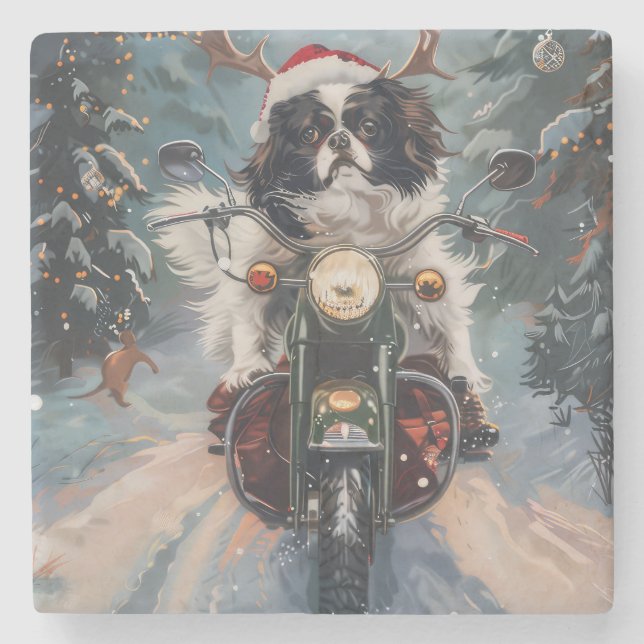 Japanischer Chin Dog Riding Motorrad Weihnachten Steinuntersetzer (Vorderseite)