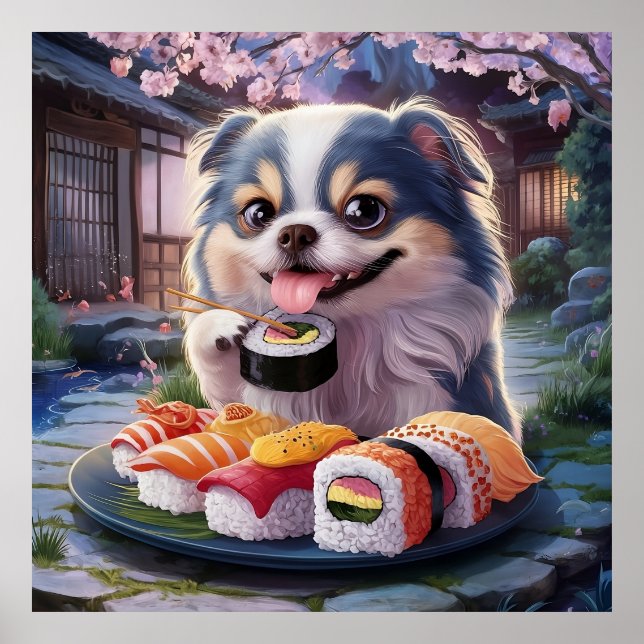 Japanischer Chin Dog Welppy Eating Sushi Poster (Vorne)