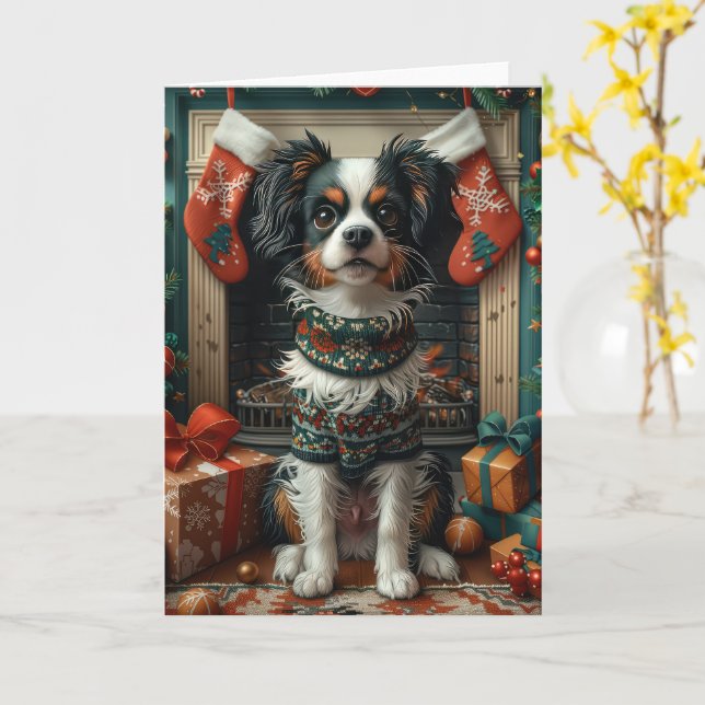 Japanischer Chin Hund mit Weihnachtsgeschenken Feu Karte (Gelbe Blume)