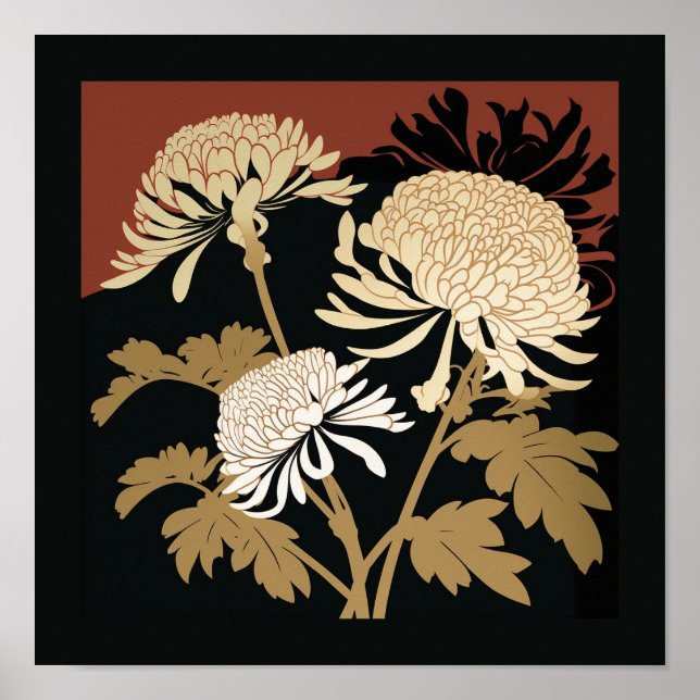 Japanischer Chrysanthemabdruck | Schwarz und Maron Poster (Vorne)