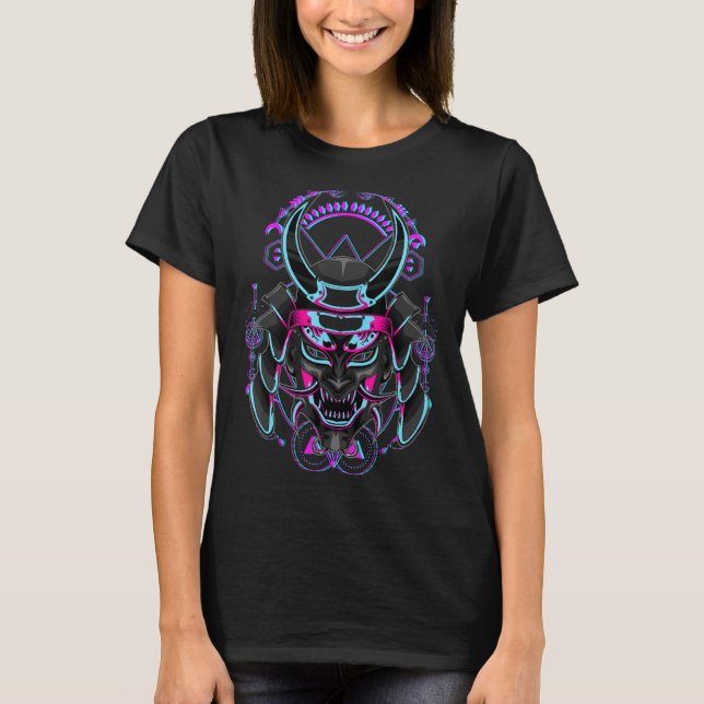 japanischer Demon Samurai Oni Face Mask Glitch T-Shirt (Vorderseite)
