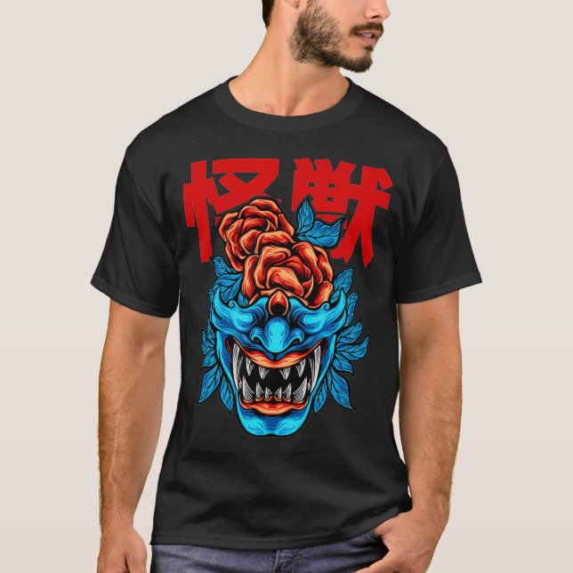 Japanischer Demon Samurai Oni Gesichtsmaske-Gesche T-Shirt (Vorderseite)