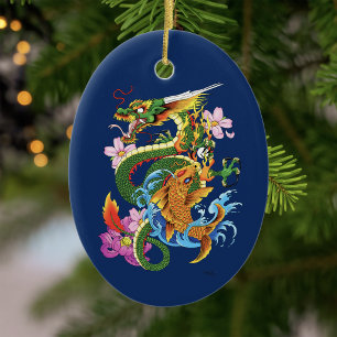 Japanischer Drache Koi Lotus Mythisch Asiatisch Bl Keramik Ornament