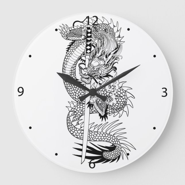 Japanischer Drache mit Katana-Schwert  Große Wanduhr (Vorderseite)