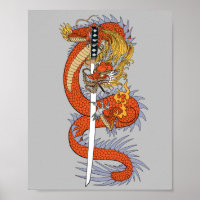 Japanischer Drache mit Katana-Schwert