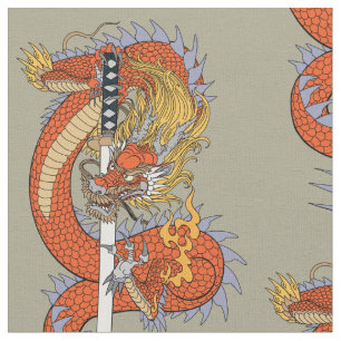 Japanischer Drache mit Katana-Schwert  Stoff