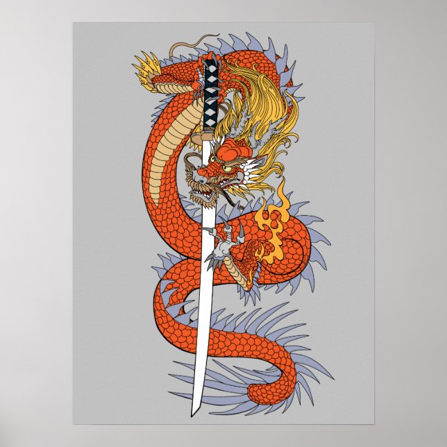 Japanischer Drache mit Katana-Schwertposter Poster (Vorne)