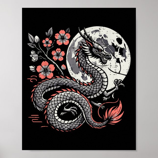Japanischer Drache Sakura Moon Cherry Blossom Men  Poster (Vorne)
