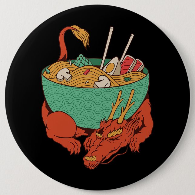 Japanischer Drache schlafend mit Ramen Bowl Ramen  Button (Vorderseite)