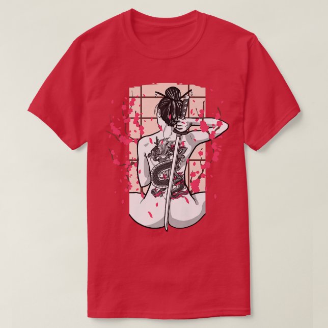 Japanischer Drache Tattooed Samurai Girl Cherry Bl T-Shirt (Design vorne)