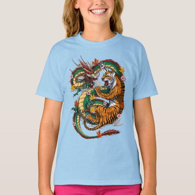 Japanischer Drache Tiger Battle T-Shirt (Vorderseite)
