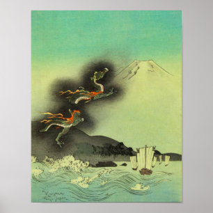 Japanischer Drache und Fuji-Berg Poster