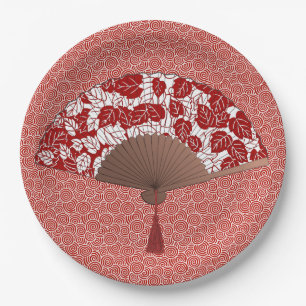 Japanischer Fan im Blatt-Druck, dunkelrot und wei Pappteller