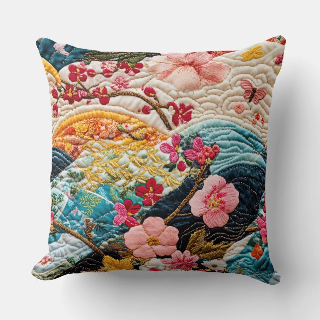 Japanischer Faux-Quilt-Kimono-Patchwork Kissen (Vorderseite)