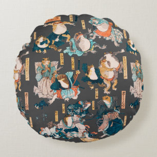 Japanischer Frosch-Holzschnitt Kuniyoshi Ukiyo-e Rundes Kissen