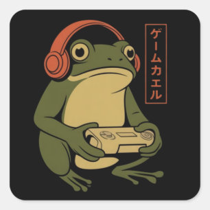 Japanischer Gamer Frosch Lustig Vintage Gaming Quadratischer Aufkleber