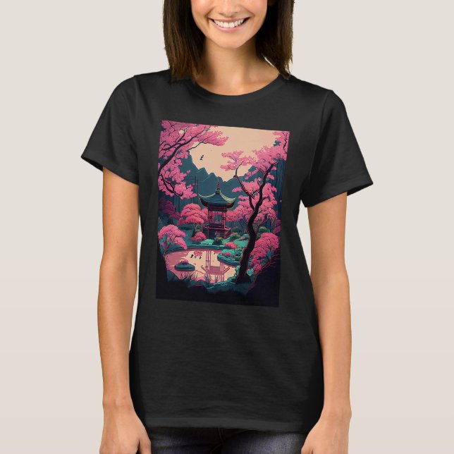 Japanischer Garten Cherry Blossom Brücke Schrein r T-Shirt (Vorderseite)