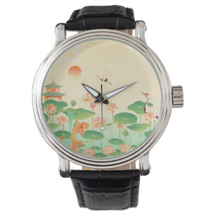 Japanischer-Garten-Koi-Teich-und-Seerosen-Kunst Armbanduhr
