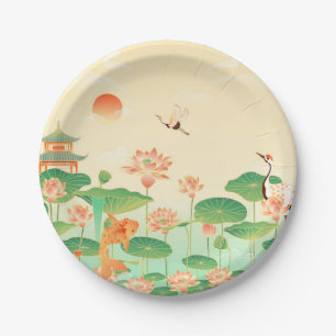 Japanischer-Garten-Koi-Teich-und-Seerosen-Kunst Pappteller