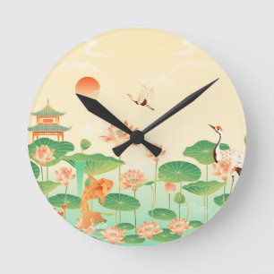 Japanischer Garten Koi-Teich und Wasserlilien Kuns Runde Wanduhr