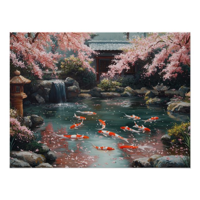 Japanischer Garten mit Koi und Kirschblüten Poster (Vorderseite)