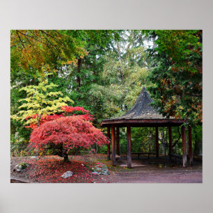 Japanischer Gartenpavillon und Herbstlaub Poster