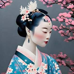 Japanischer Geisha in einem Kirschgarten Poster