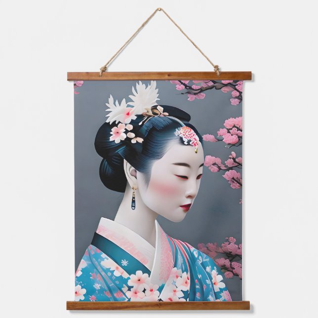 Japanischer Geisha in einem Kirschgarten Wandteppich Mit Holzrahmen (Vorderseite)