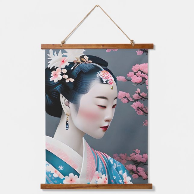 Japanischer Geisha in einem Kirschgarten Wandteppich Mit Holzrahmen (Vorderseite)