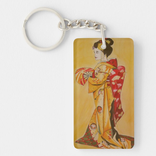 Japanischer Geisha in Rot und Gold Kimono Schlüsselanhänger (Vorderseite)
