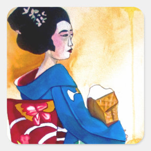 Japanischer Geisha mit blauem Kimono Quadratischer Aufkleber