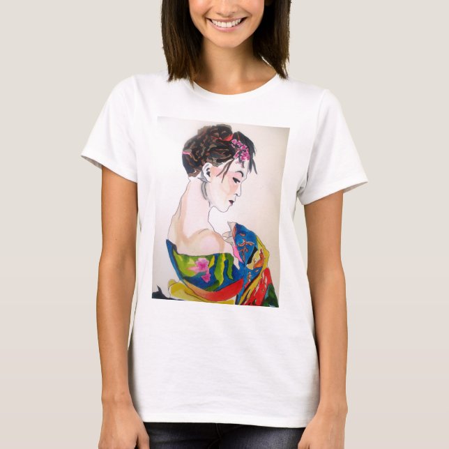 Japanischer Geisha mit blauem Kimono T-Shirt (Vorderseite)