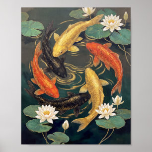 Japanischer Gold-Koi-Fisch & Lotus-Teich-Malerei Poster